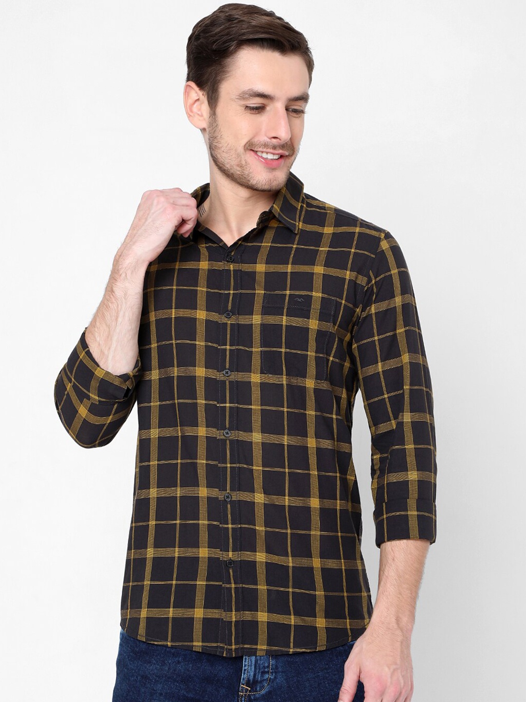 

Mufti Men Black Slim Fit Tartan Checks Checked Casual Shirt