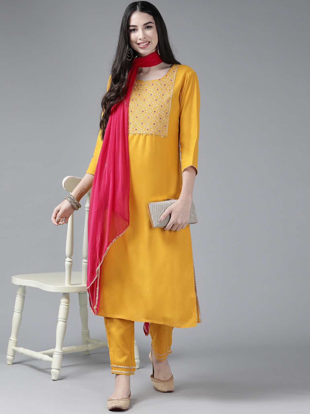 

Yufta Women Mustard Yellow Yoke Design Kurta with Trousers & With Dupatta