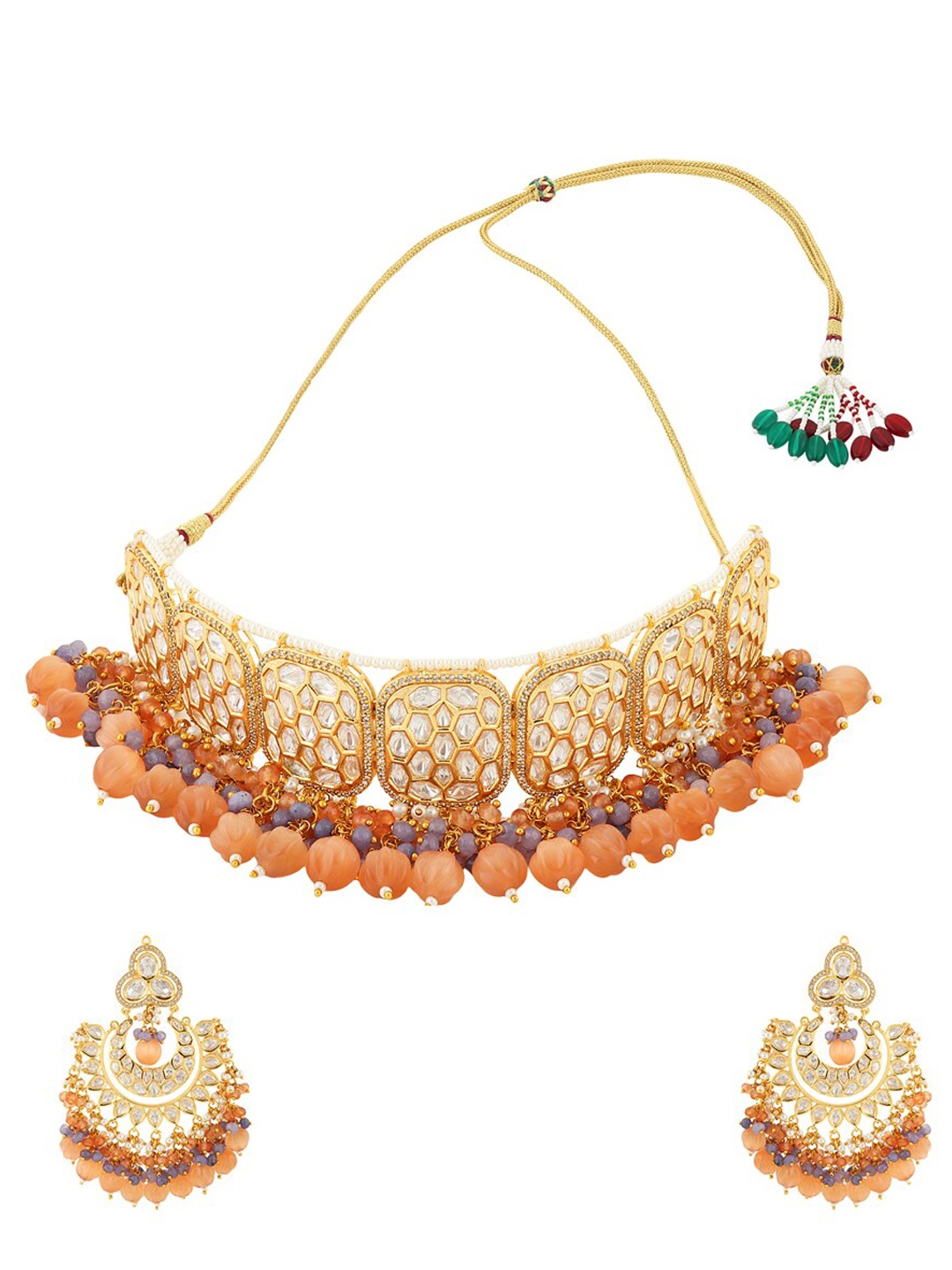 

Runjhun Gold-Plated White & Orange Kundan-Studded & Beaded Jewellery Set