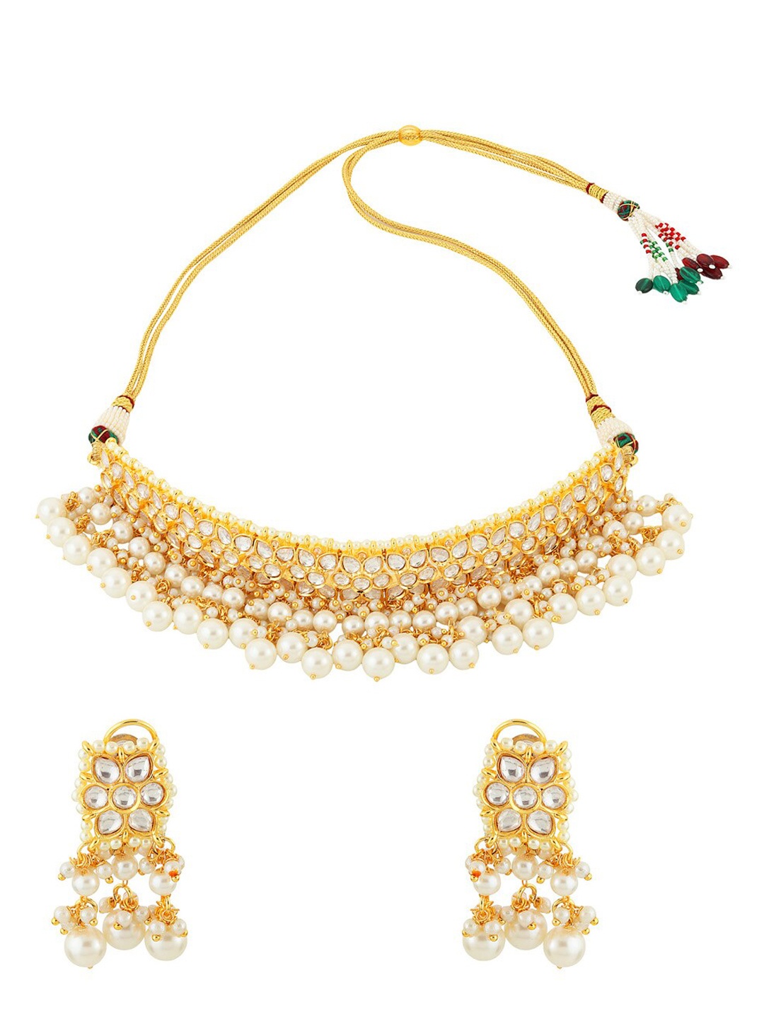 

Runjhun Gold-Plated & White Kundan-Studded & Beaded Polki Jewellery Set