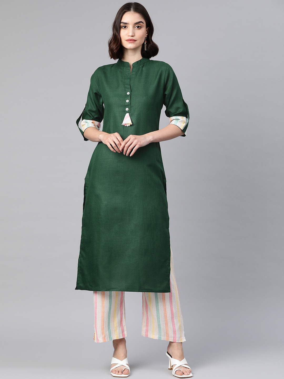 

Sasimo Women Green Solid Regular Thread Work Viscose Rayon Kurta with Trousers