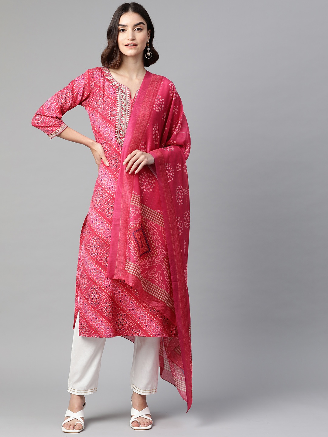 

Sasimo Women Pink Bandhani Embroidered Gotta Patti Pure Cotton Kurta with Trousers & With Dupatta