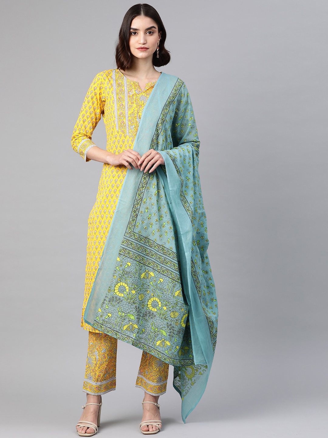 

Sasimo Women Yellow & Blue Floral Printed Sequinned Cotton Kurta with Trousers & Dupatta