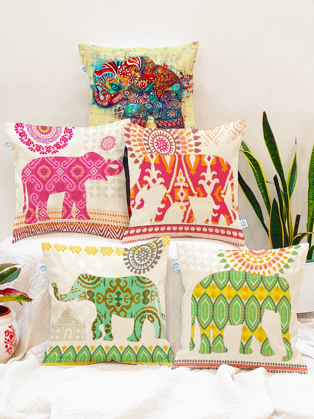 

STITCHNEST Set Of 5 Green & White Ethnic Motifs Jute Cotton Square Cushion Covers