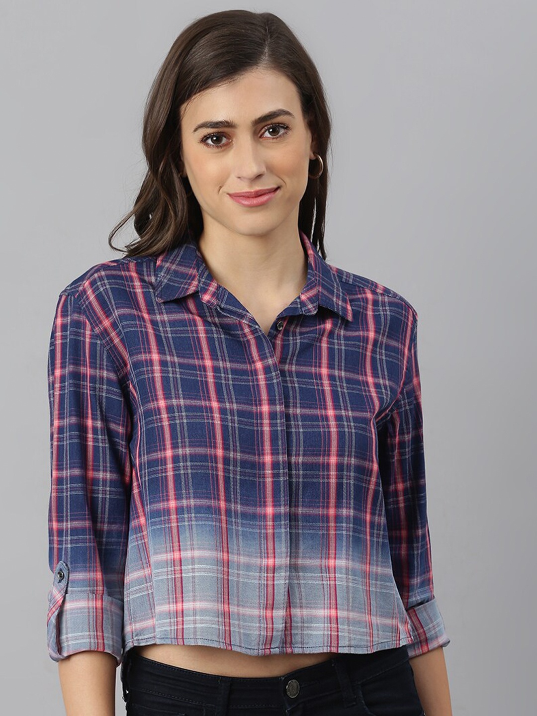 

Xpose Women Pink Contemporary Ombre Tartan Checks Casual Cropped Shirt