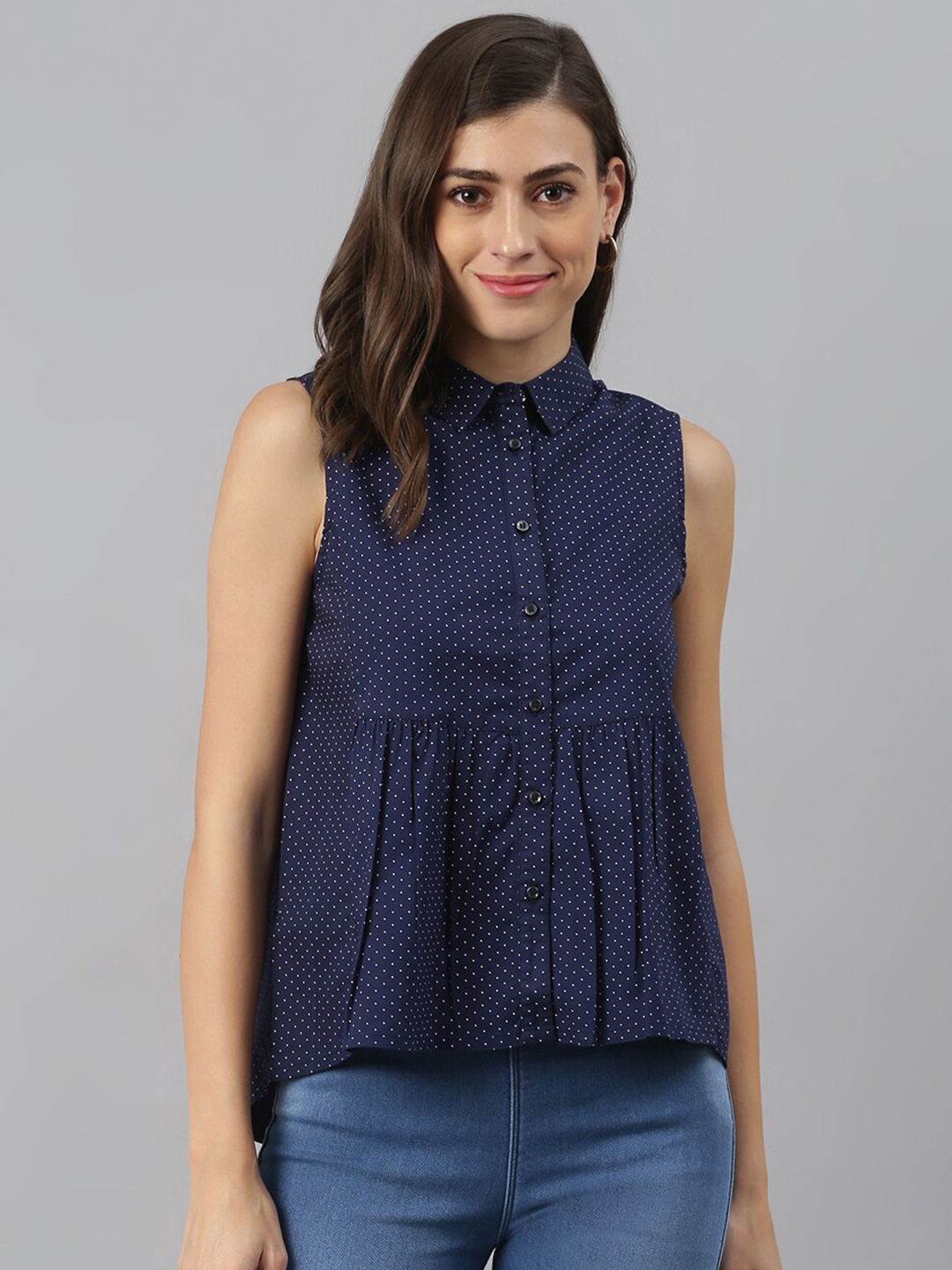 

Xpose Navy Blue & White Geometric Print Shirt Style Top