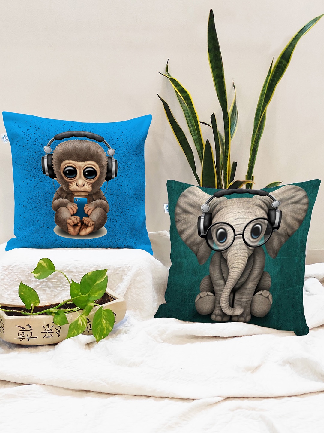 

STITCHNEST Set of 2 Green & Blue Cartoon Characters Square Cushion Covers