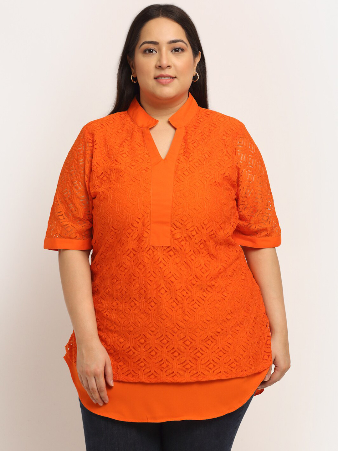 

Flambeur Orange Mandarin Collar Crepe Top