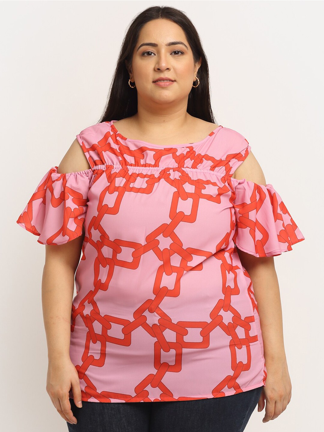 

Flambeur Pink & Red Printed Cold-Shoulder Sleeve Top