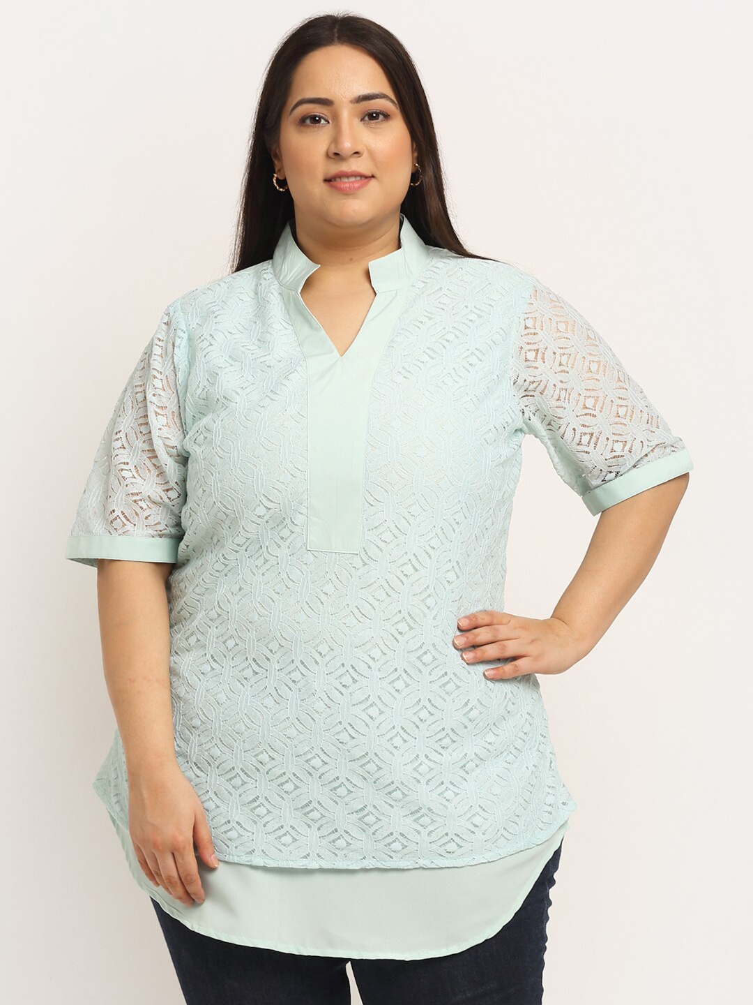 

Flambeur Women Blue Mandarin Collar Crepe Top