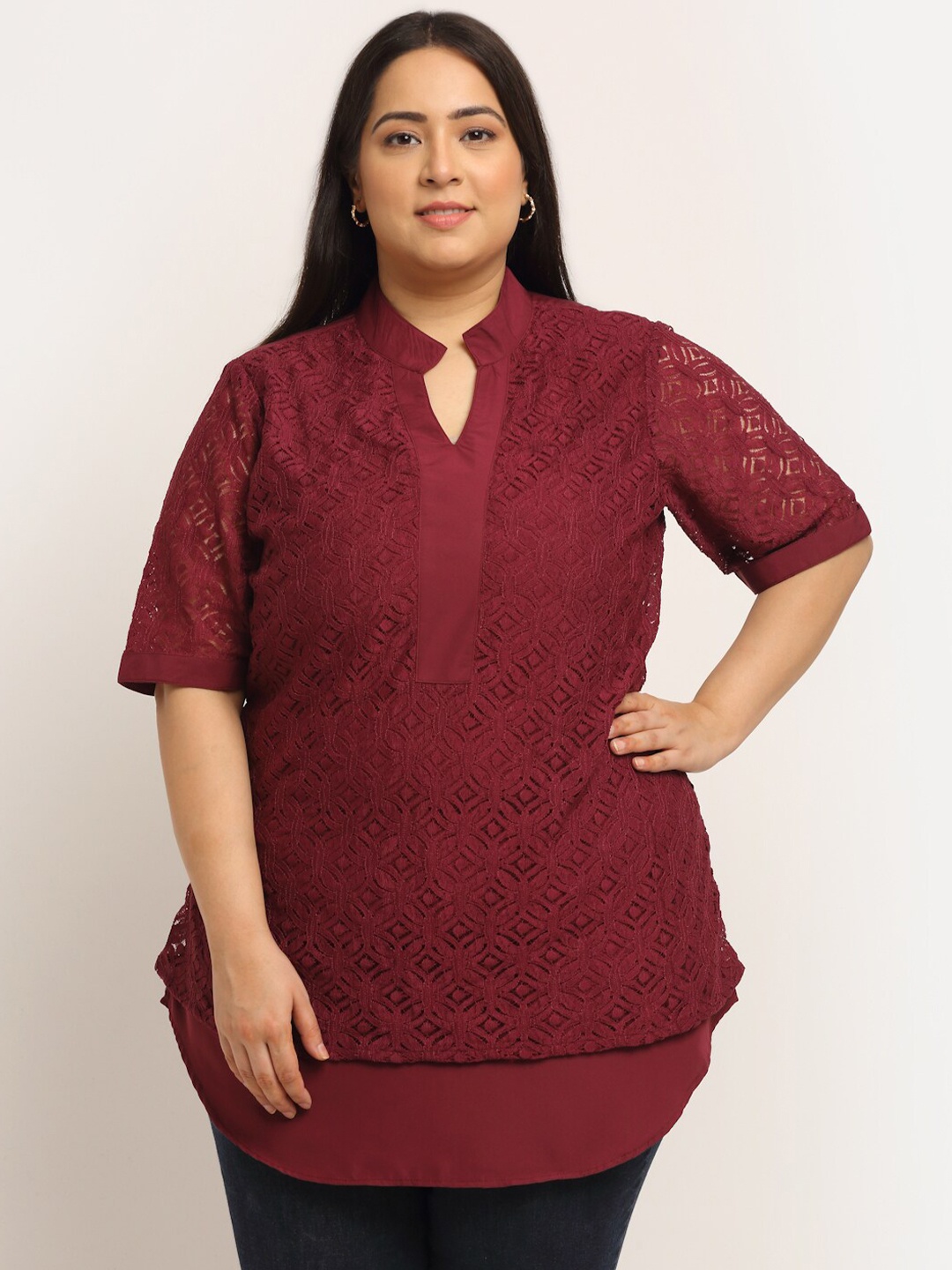 

Flambeur Maroon Mandarin Collar Plus Size Crepe Top