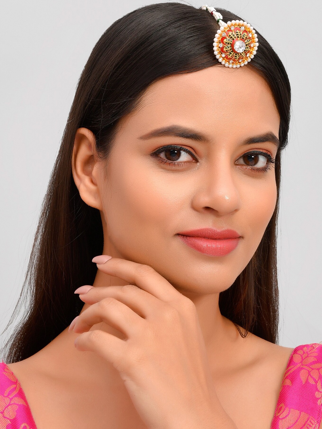 

Silvermerc Designs Gold-Plated White Stone-Studded Nakshatra Rajputi Borla Mangtikka