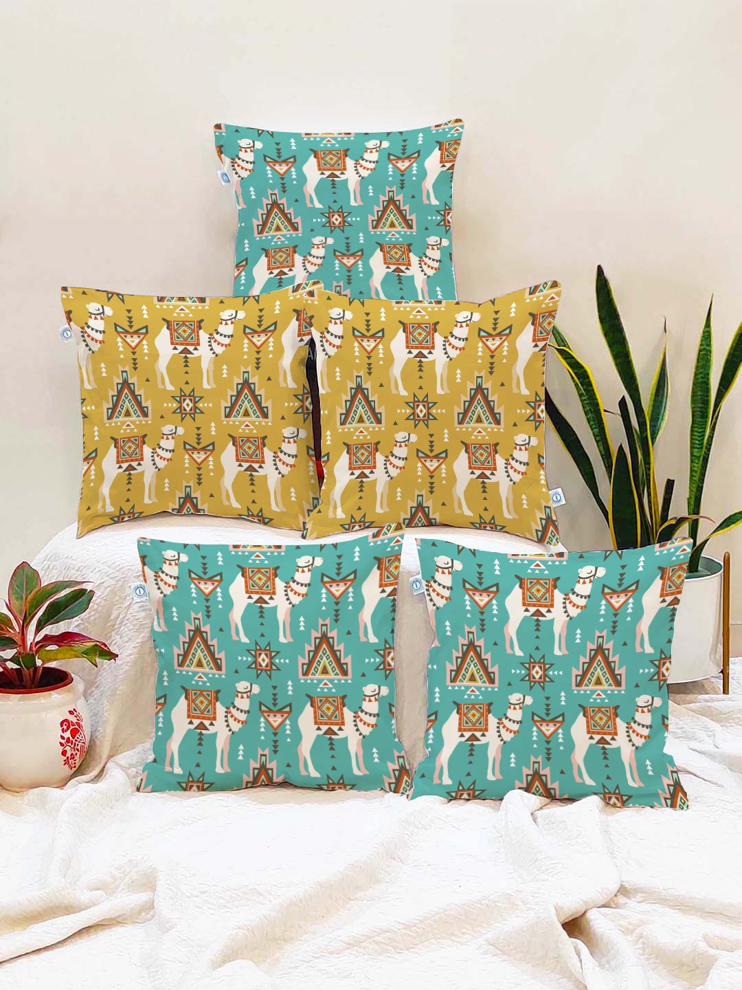 

STITCHNEST Set of 5 Yellow & Green Ethnic Motifs Square Cushion Covers