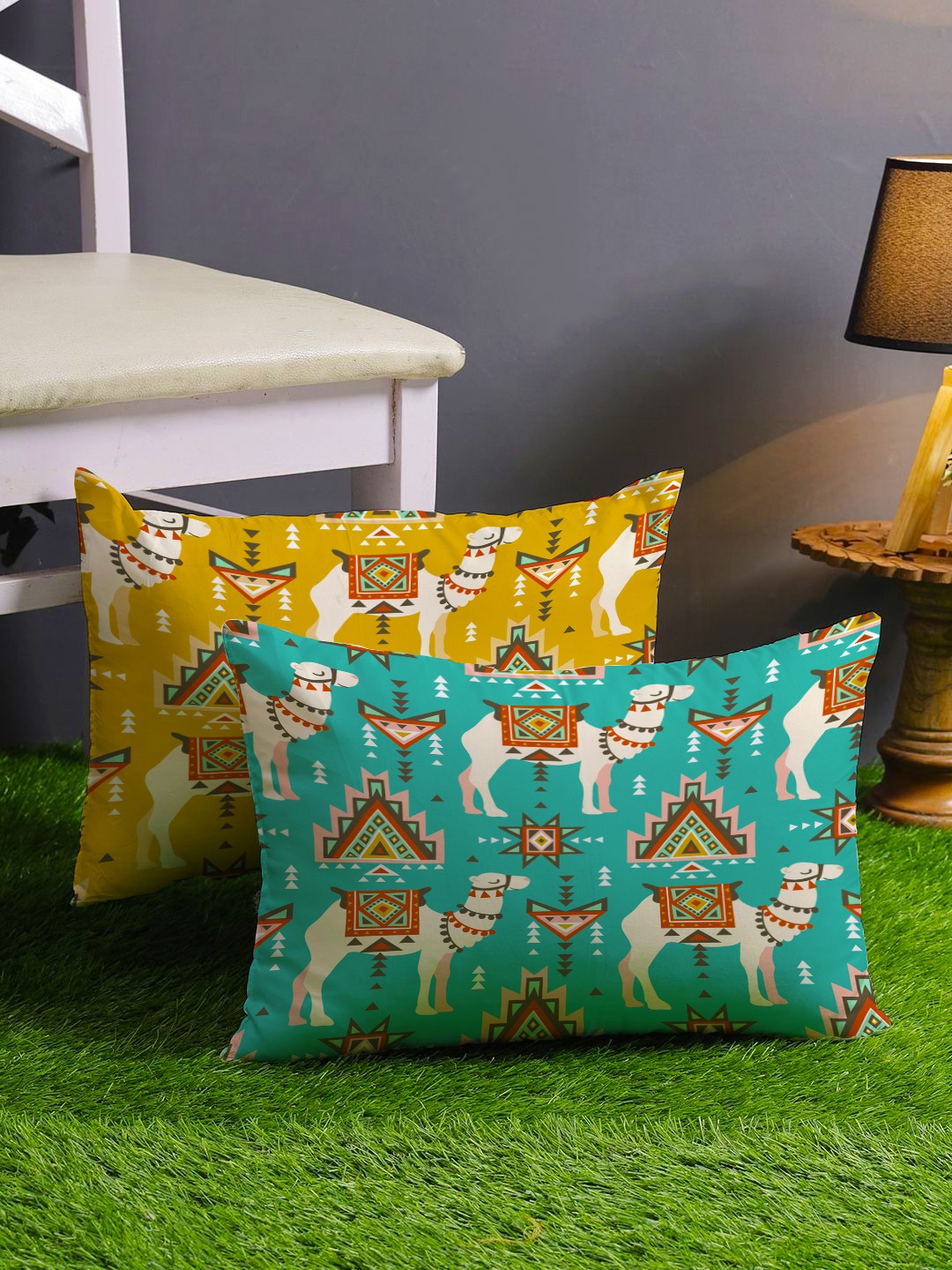 

STITCHNEST Yellow & Turquoise Blue Set of 2 Ethnic Motifs Rectangle Cushion Covers