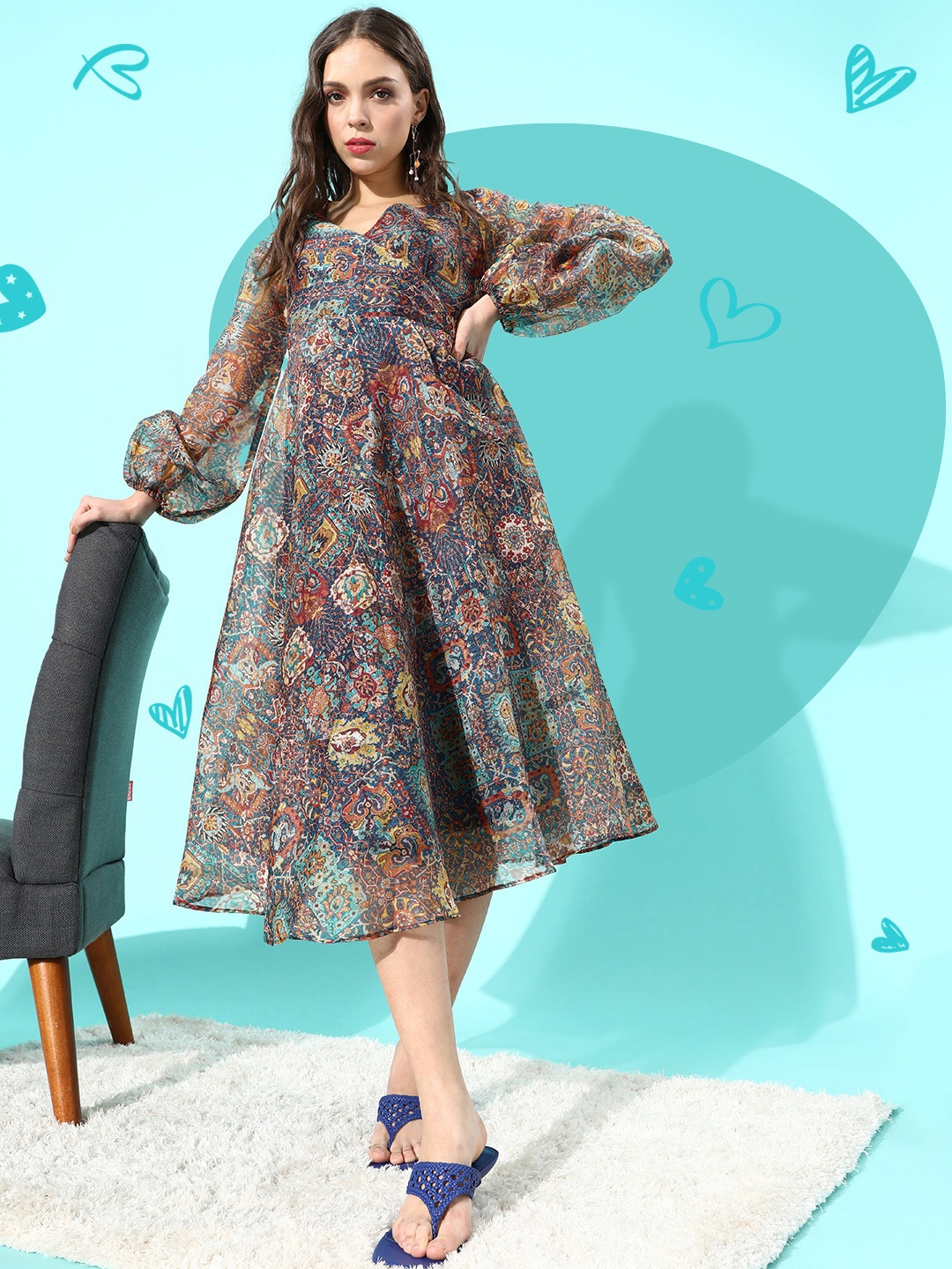 

InWeave Women Charming Navy Blue Ethnic Motifs Puff Sleeves Dress