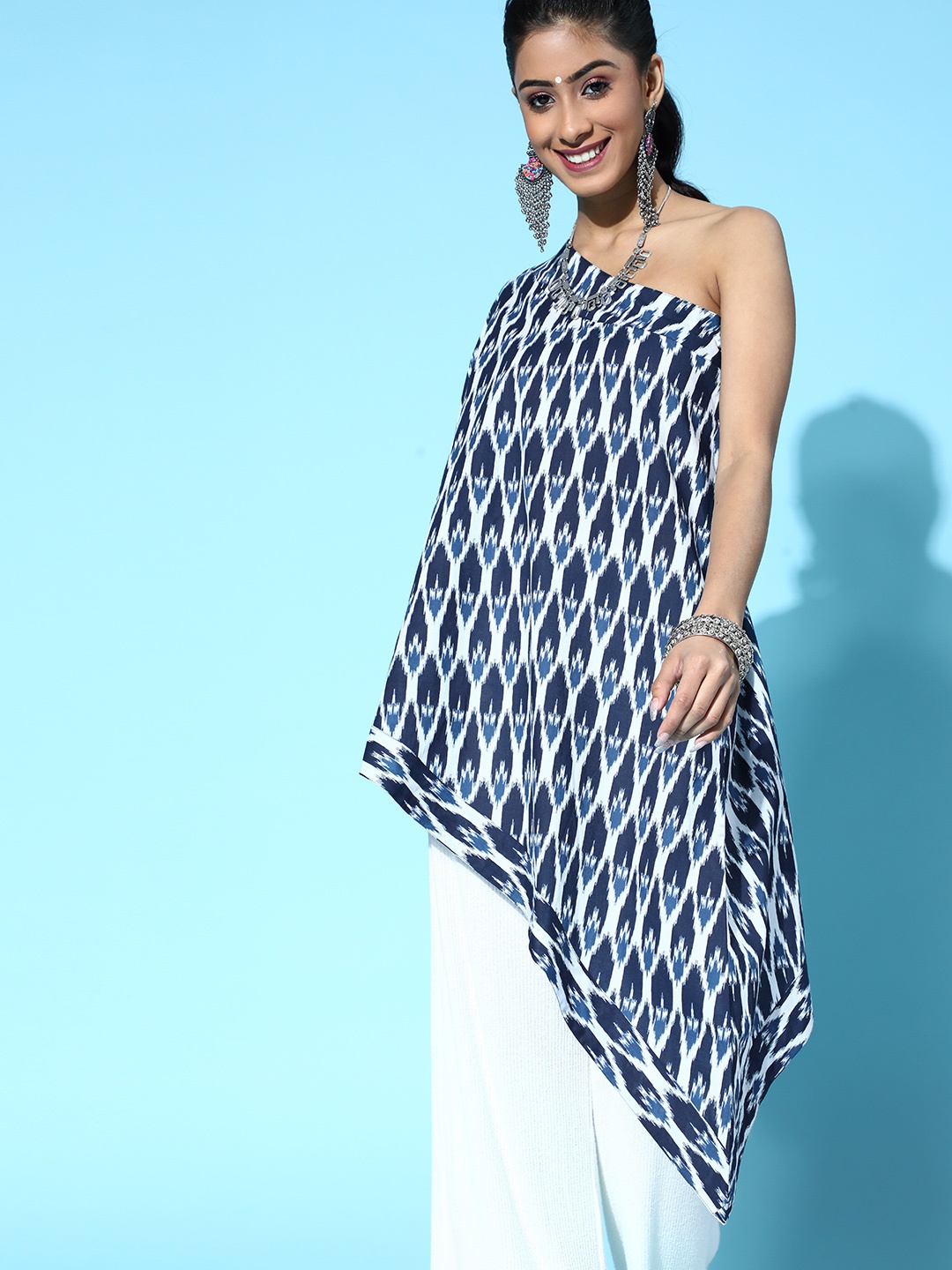 

InWeave Women Stunning Blue Ethnic Motifs One-Shoulder Top