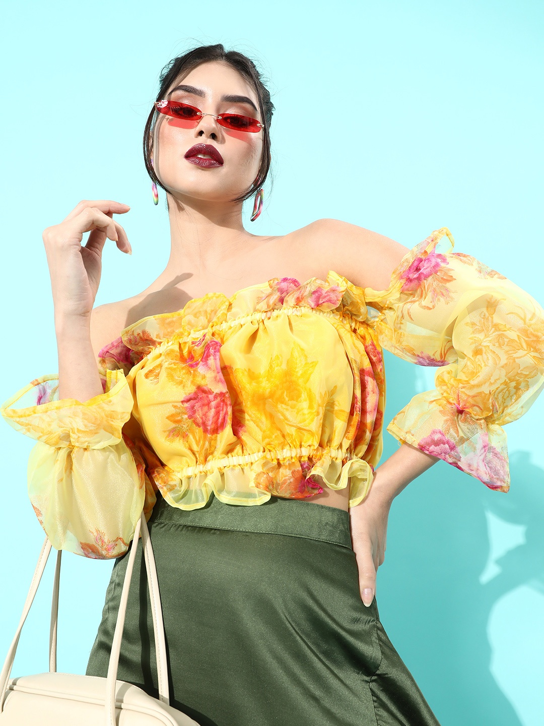 

InWeave Women Deep Mustard Floral Bardot Top