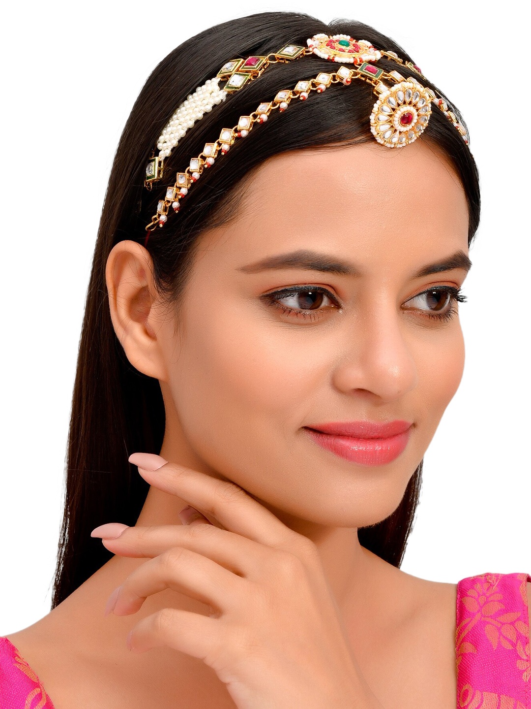 

Silvermerc Designs Gold-Plated Pink & White Pearl-Studded Borla With Mathapatti