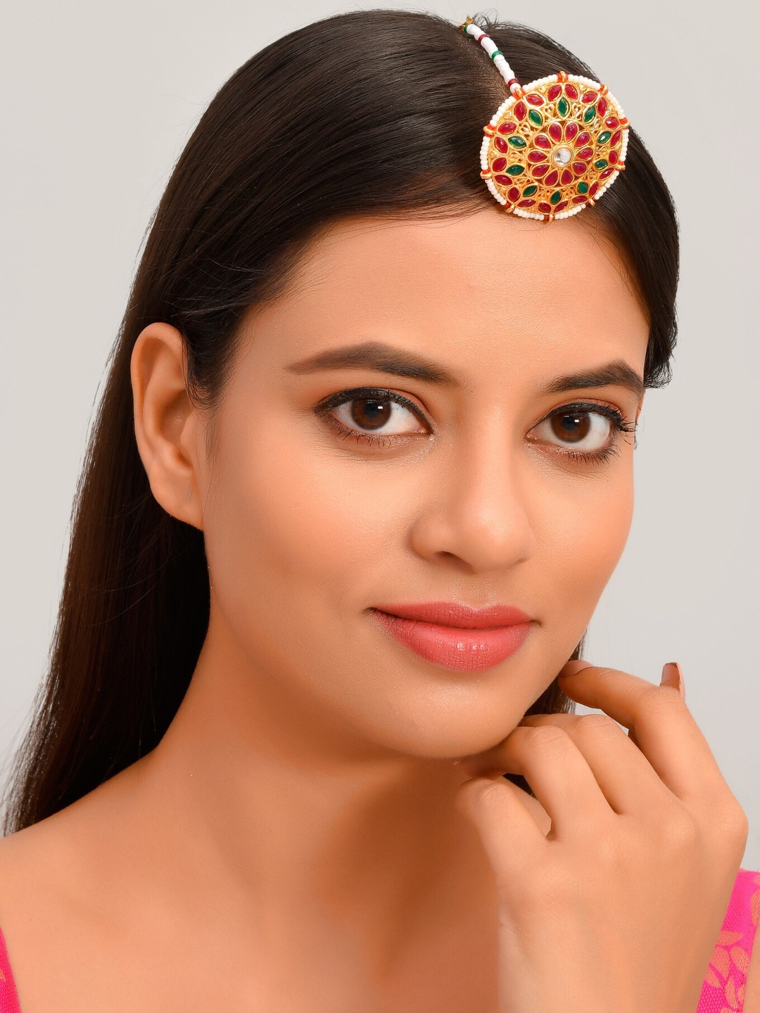 

Silvermerc Designs Gold-Plated Green & Red Stone-Studded & Beaded Rajputi Borla Mangtikka