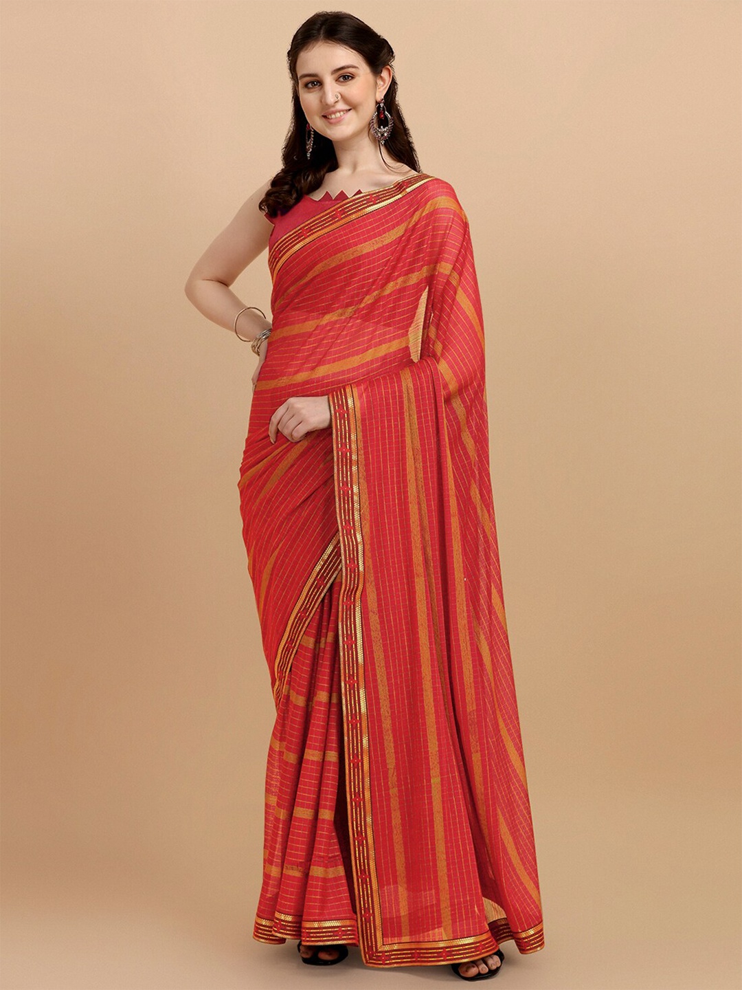 

KALINI Pink & Beige Striped Linen Blend Saree