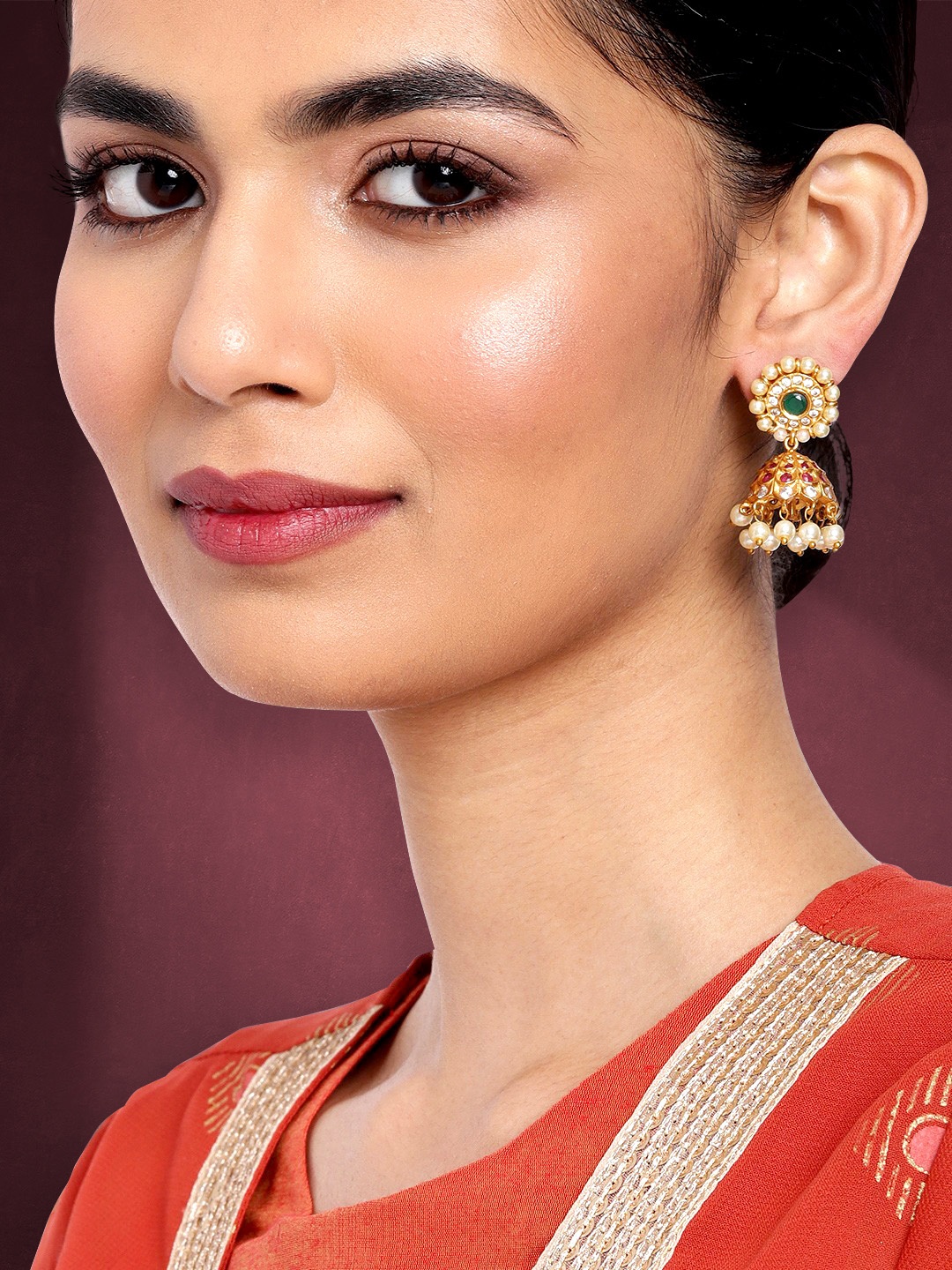 

Peora Green & Magenta Gold-Plated Stone-Studded Beaded Jhumkas
