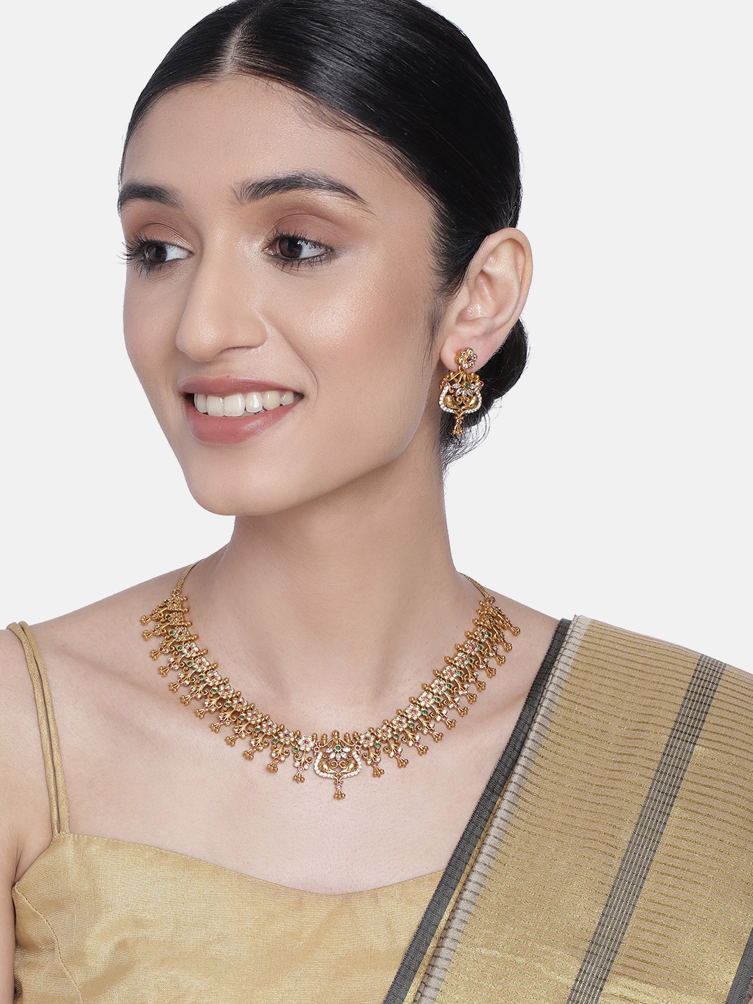 

Peora Gold-Toned South Indian Traditional Style Necklace Earring Jewellery Set