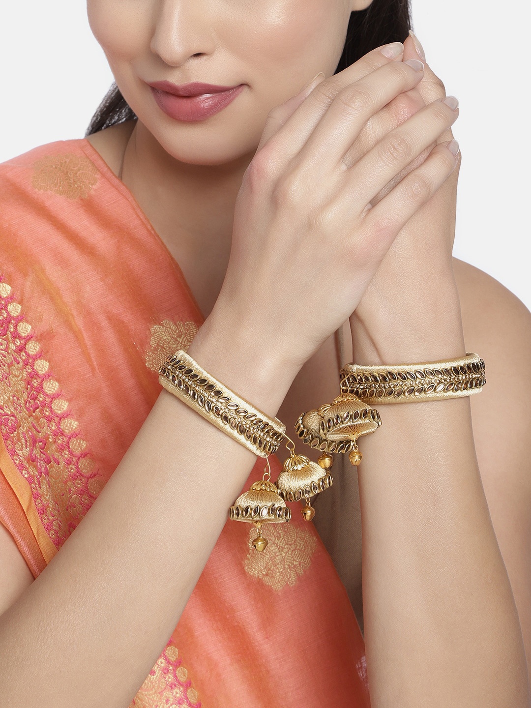 

Peora Cream Set Of 2 Handcrafted Silk Thread Kundan Studded Bangles with Hanging Jhumkas