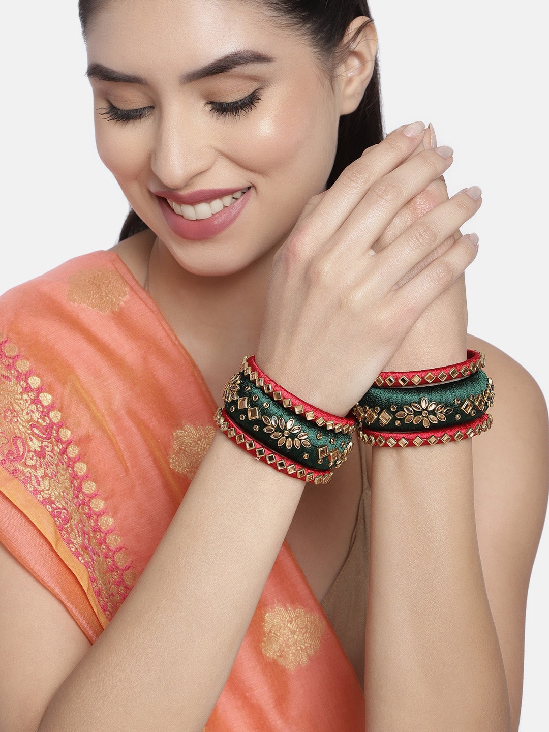 

Peora Set of 6 Gold-Plated Kundan-Studded Silk Thread Bangles, Green
