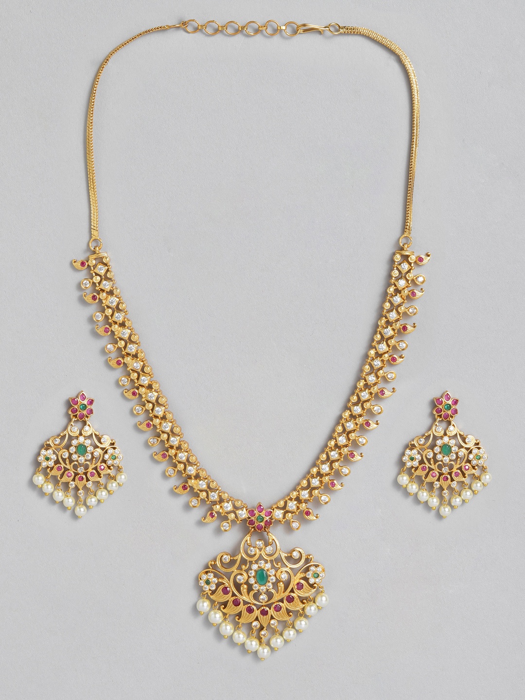 

Peora Gold-Toned South Indian Traditional Style Necklace Earring Jewellery Set