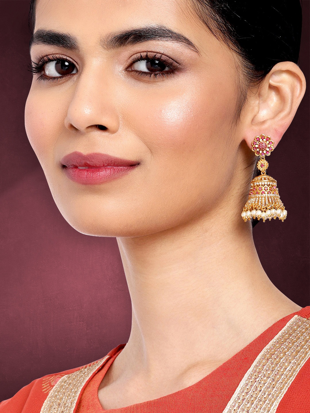 

Peora Magenta Gold-Plated Stone-Studded Beaded Jhumkas