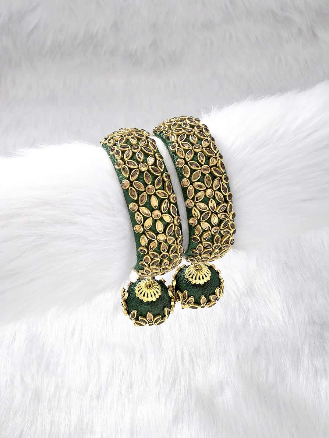 

Peora Set of 2 Green Gold-Plated Handcrafted Kundan Studded Bangles with Jhumka Danglers