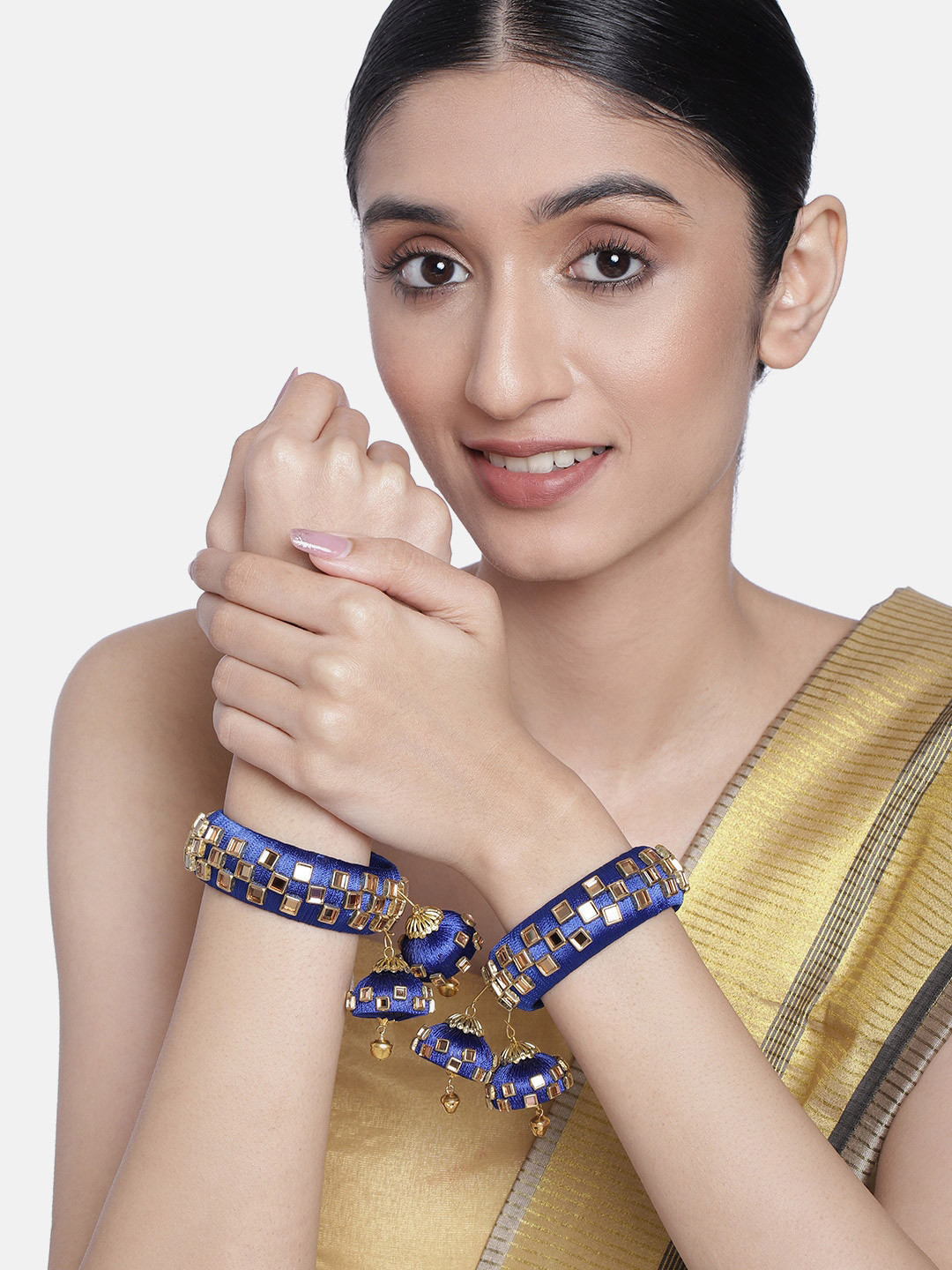 

Peora Set of 2 Blue Gold-Plated Handcrafted Kundan Studded Bangles with Jhumka Danglers