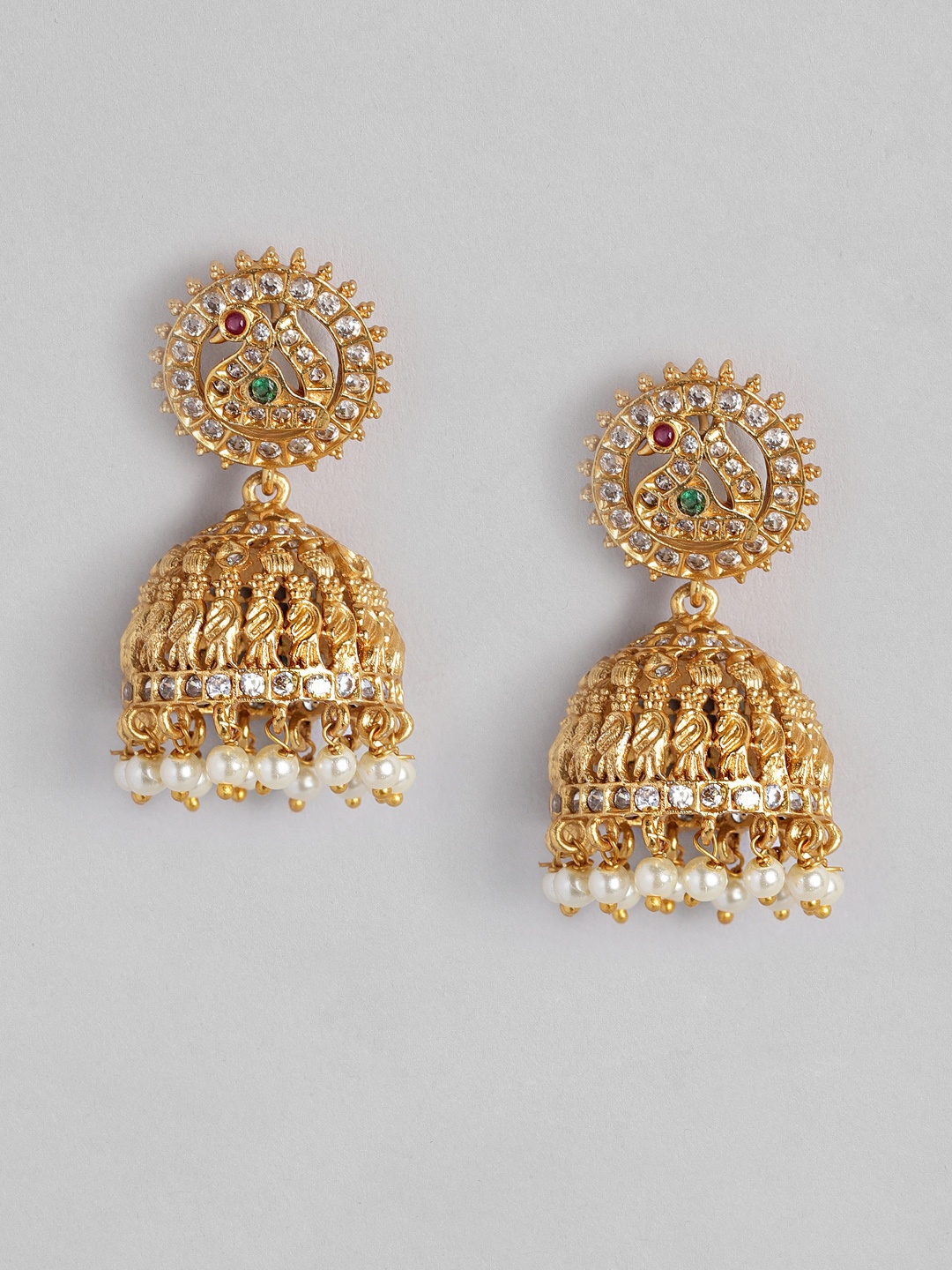 

Peora Green & White Gold-Plated Stone-Studded Beaded Jhumkas