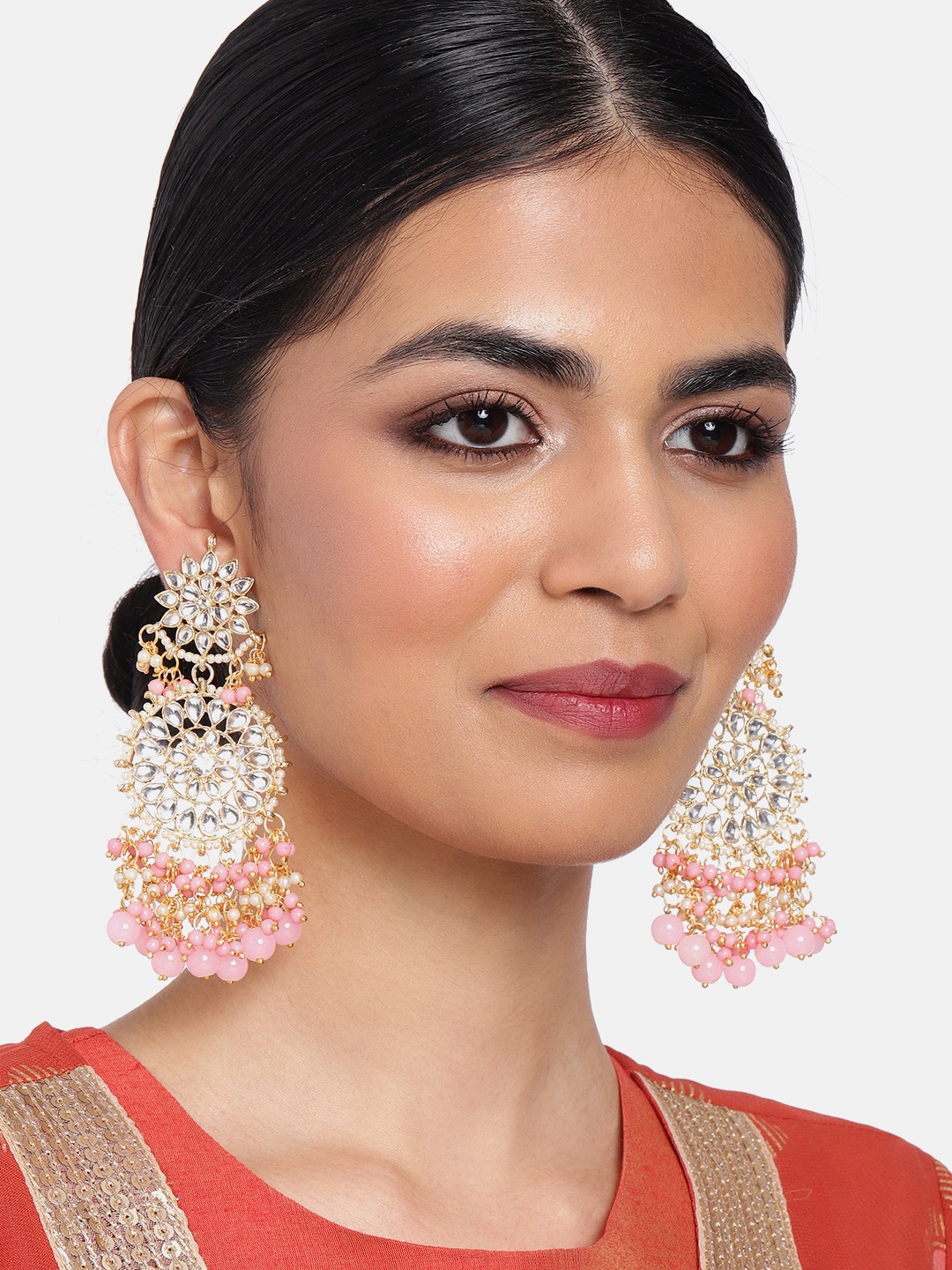 

Peora Pink Gold-Plated Kundan-Studded Beaded Circular Drop Earrings