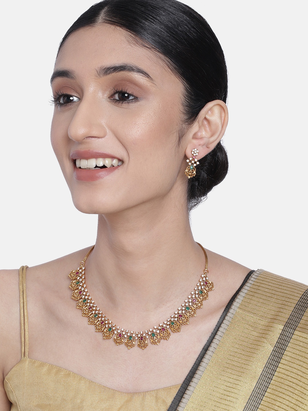 

Peora Gold-Toned South Indian Traditional Style Necklace Earring Jewellery Set