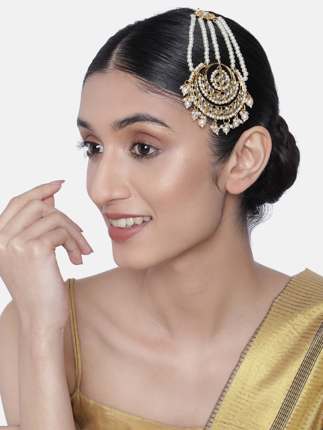 

Peora Gold-Plated & White Kundan Pearl Studded & Beaded Jhumar Passa Jewellery