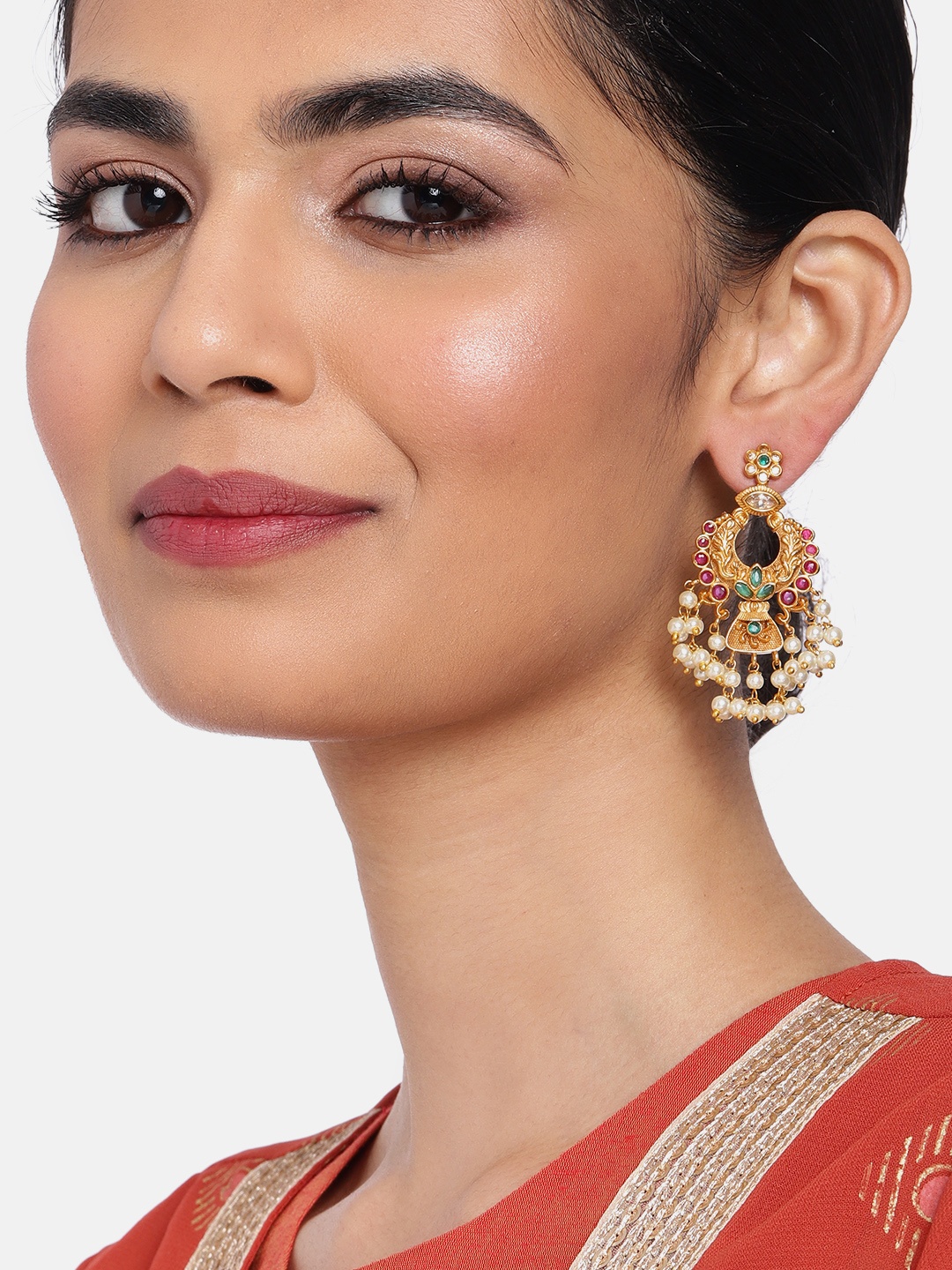 

Peora Red & Green Gold-Plated Stone-Studded Beaded Classic Drop Earrings