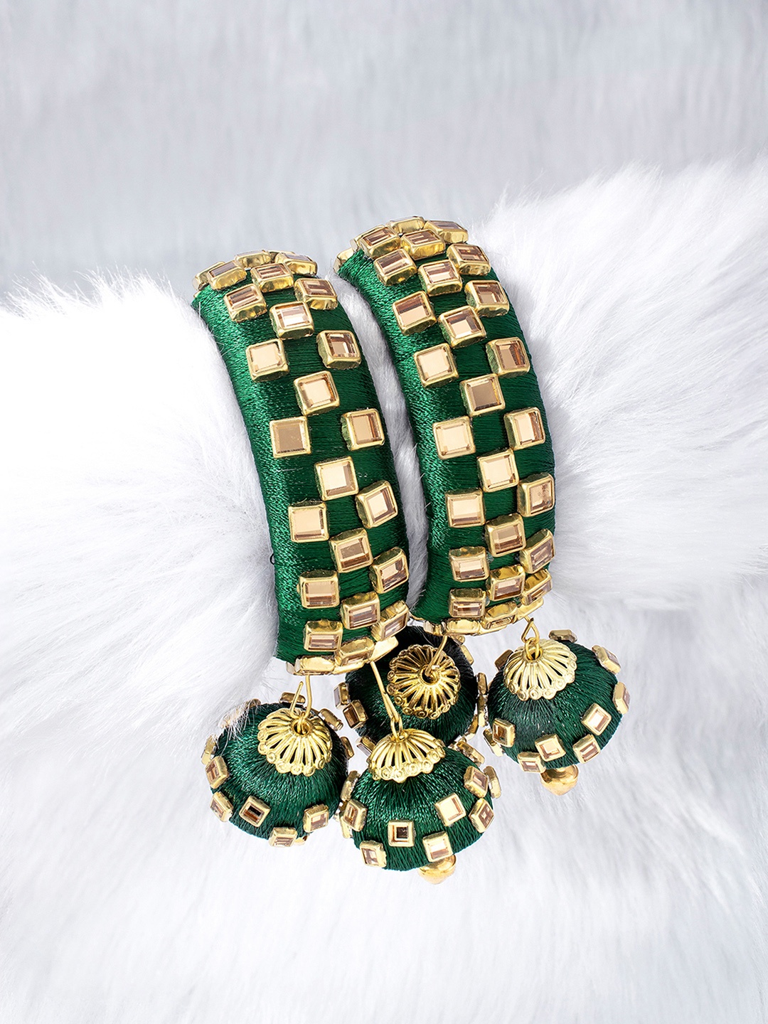 

Peora Set of 2 Green Gold-Plated Handcrafted Kundan Studded Bangles with Jhumka Danglers