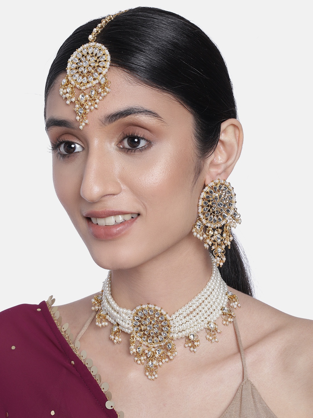 

Peora White Gold-Plated Kundan & Pearls Studded Multistrand Choker Jewellery Set