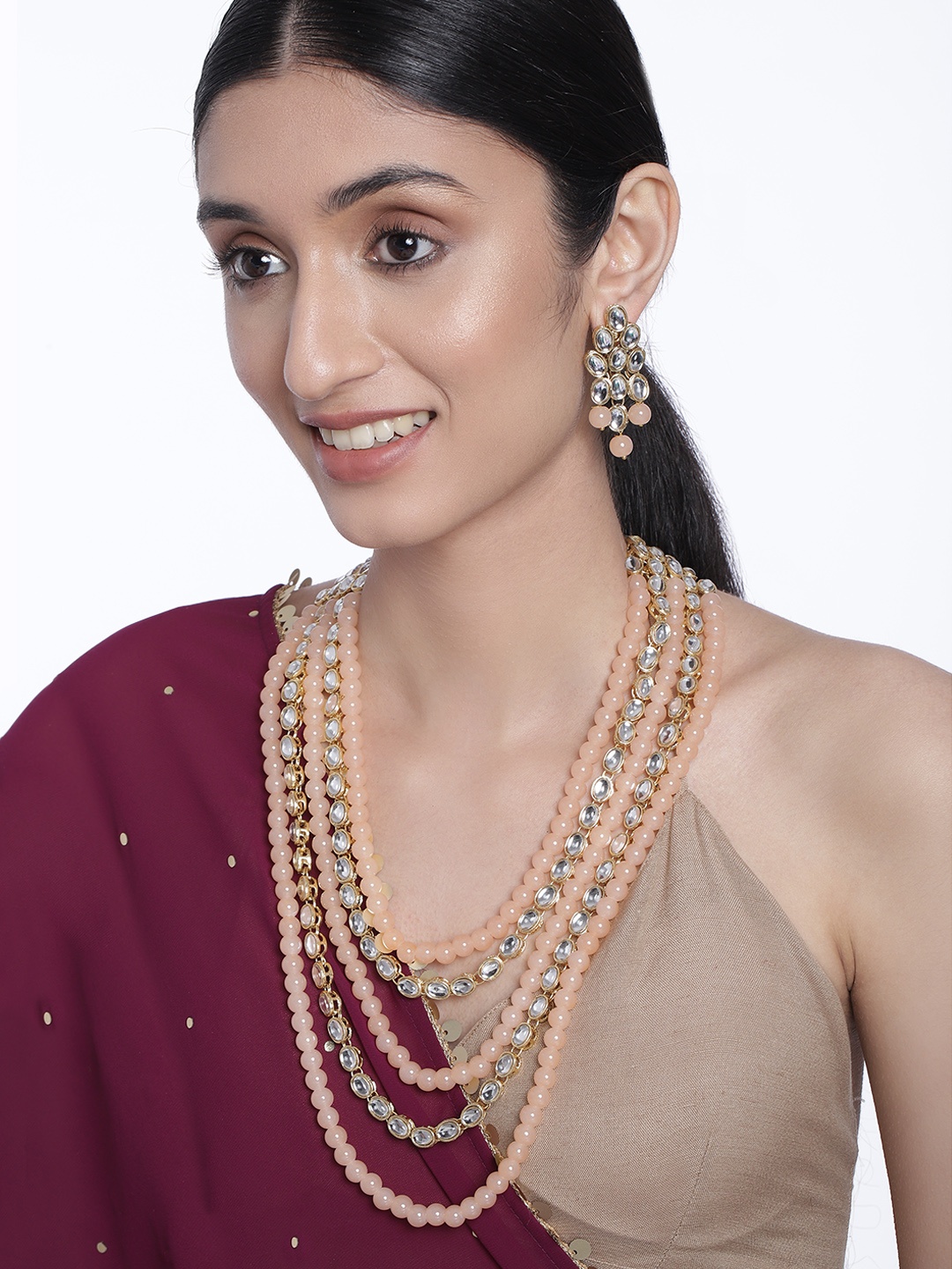 

Peora 18K Gold-Plated & Peach-Coloured Multi-Strand Kundan-Studded & Beaded Jewellery Set