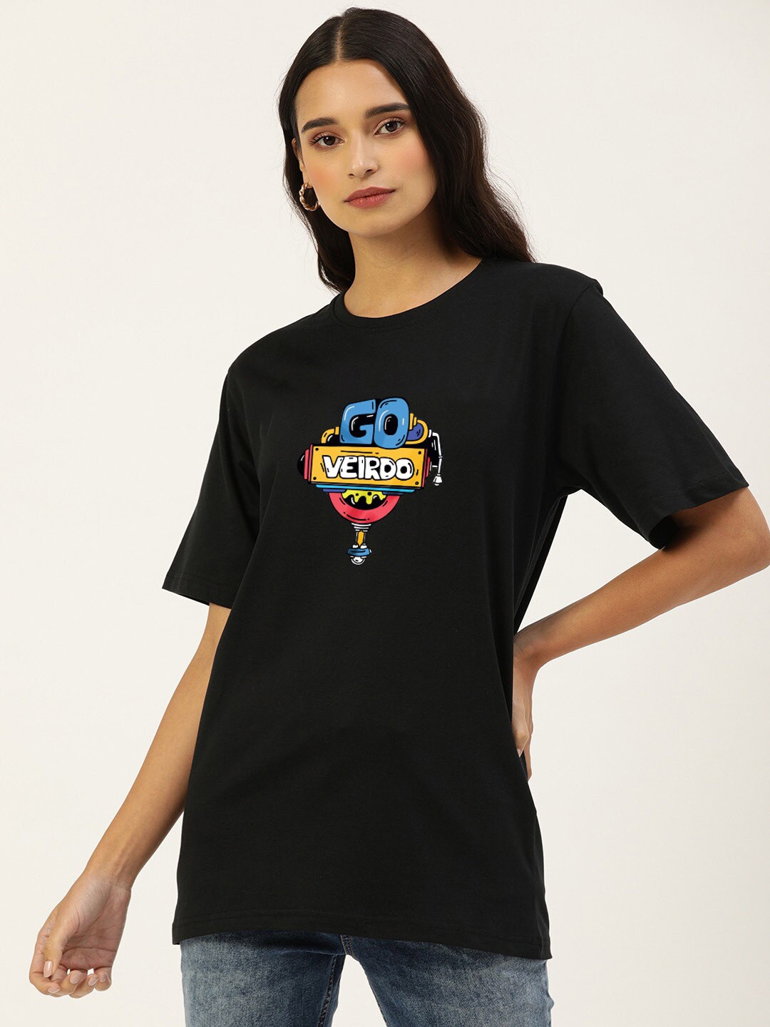 

VEIRDO Women Black Typography V-Neck Applique Loose T-shirt