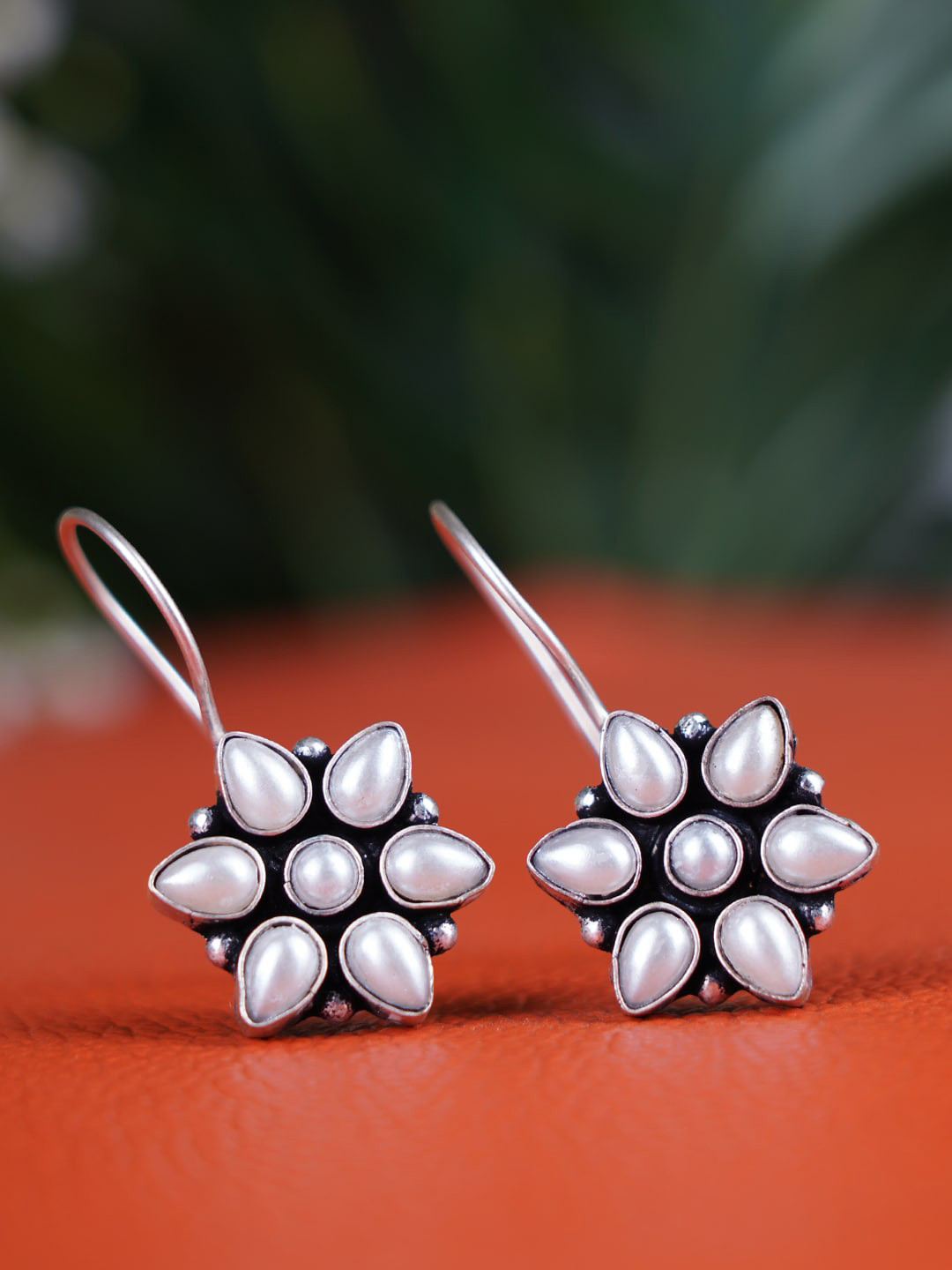 

FIROZA Silver-Toned & White Floral Drop Earrings