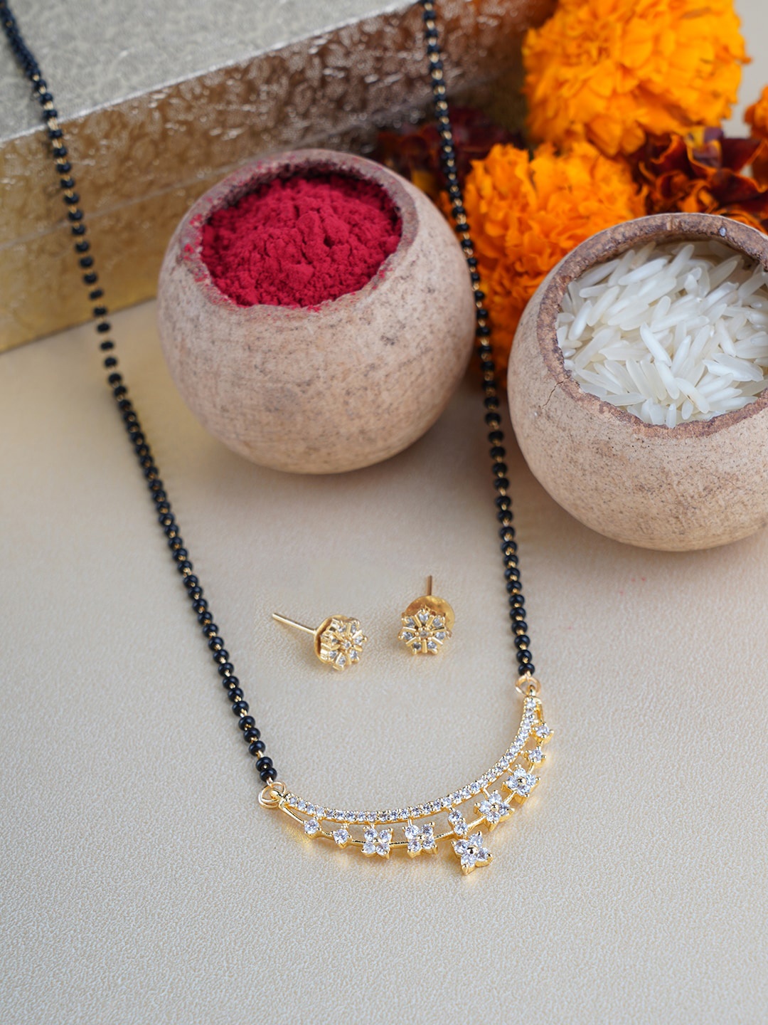 

FIROZA Gold-Plated Black & White Crystal-Studded & Beaded Mangalsutra With Earrings