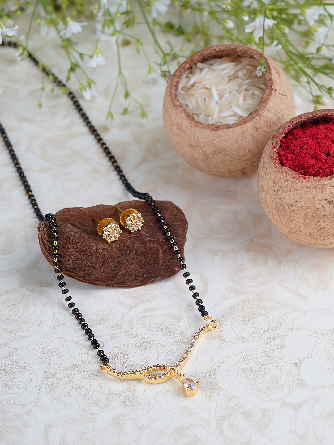 

FIROZA Gold-Plated Black & White Crystal-Studded & Beaded Mangalsutra With Earrings