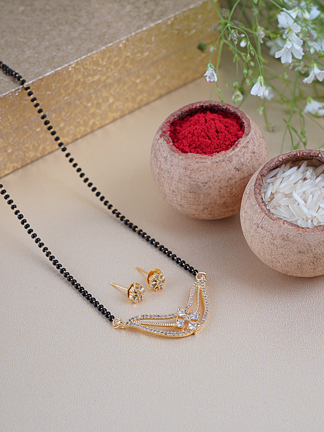 

FIROZA Gold-Plated Black & White Crystal-Studded & Beaded Mangalsutra With Earrings