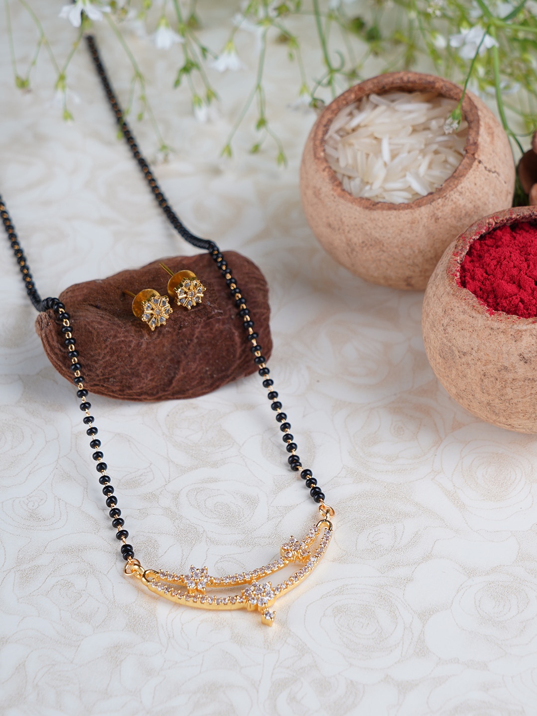 

FIROZA Gold-Plated Black & White Stone-Studded & Beaded Mangalsutra With Earrings