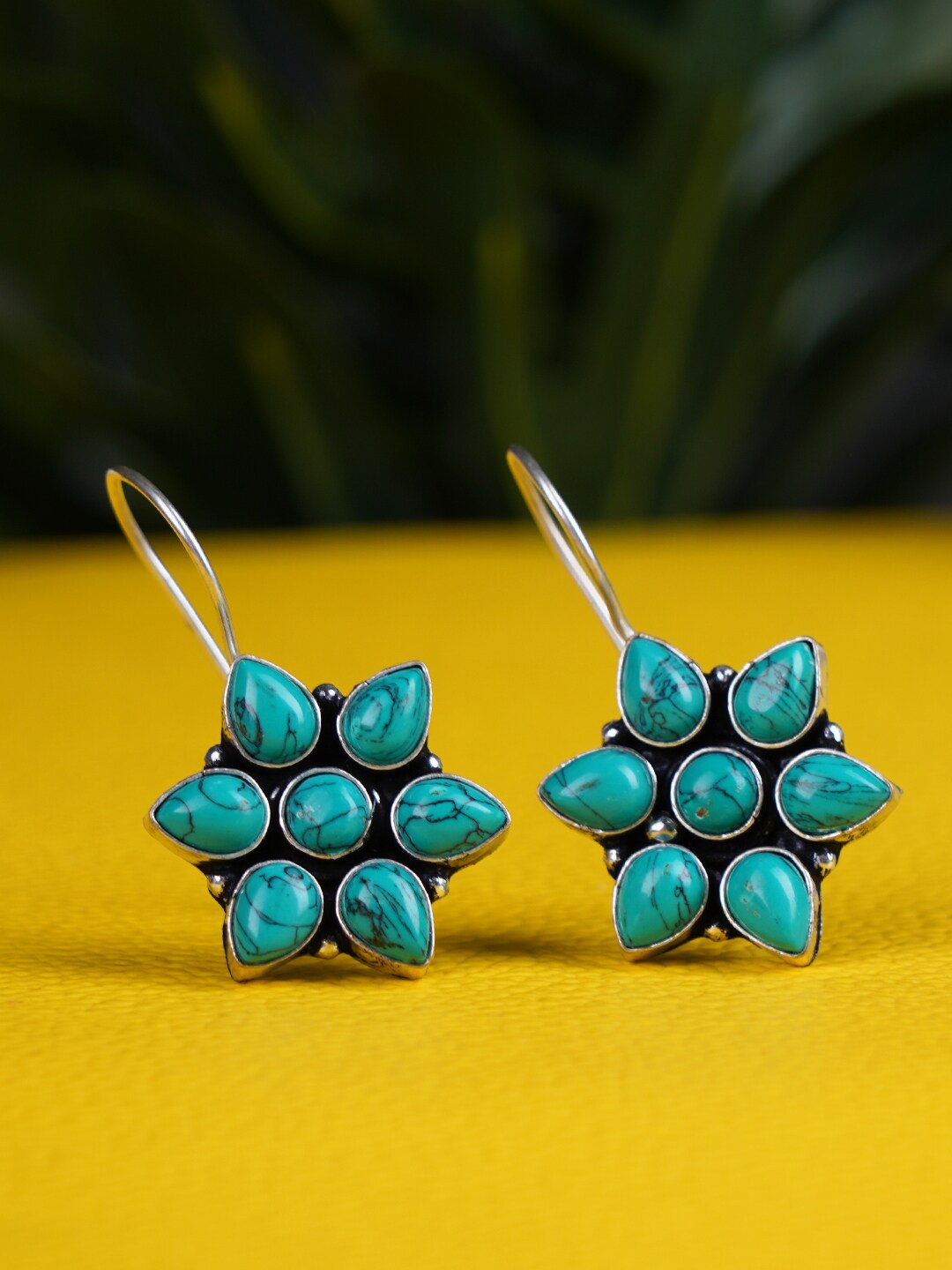 

FIROZA Turquoise Blue & Silver-Toned Floral Drop Earrings