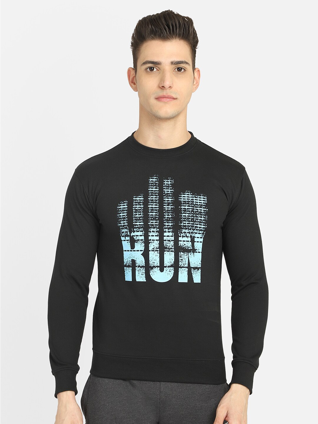 

DYCA Men Black Typography Printed Round Neck Fleece Sweatshirt