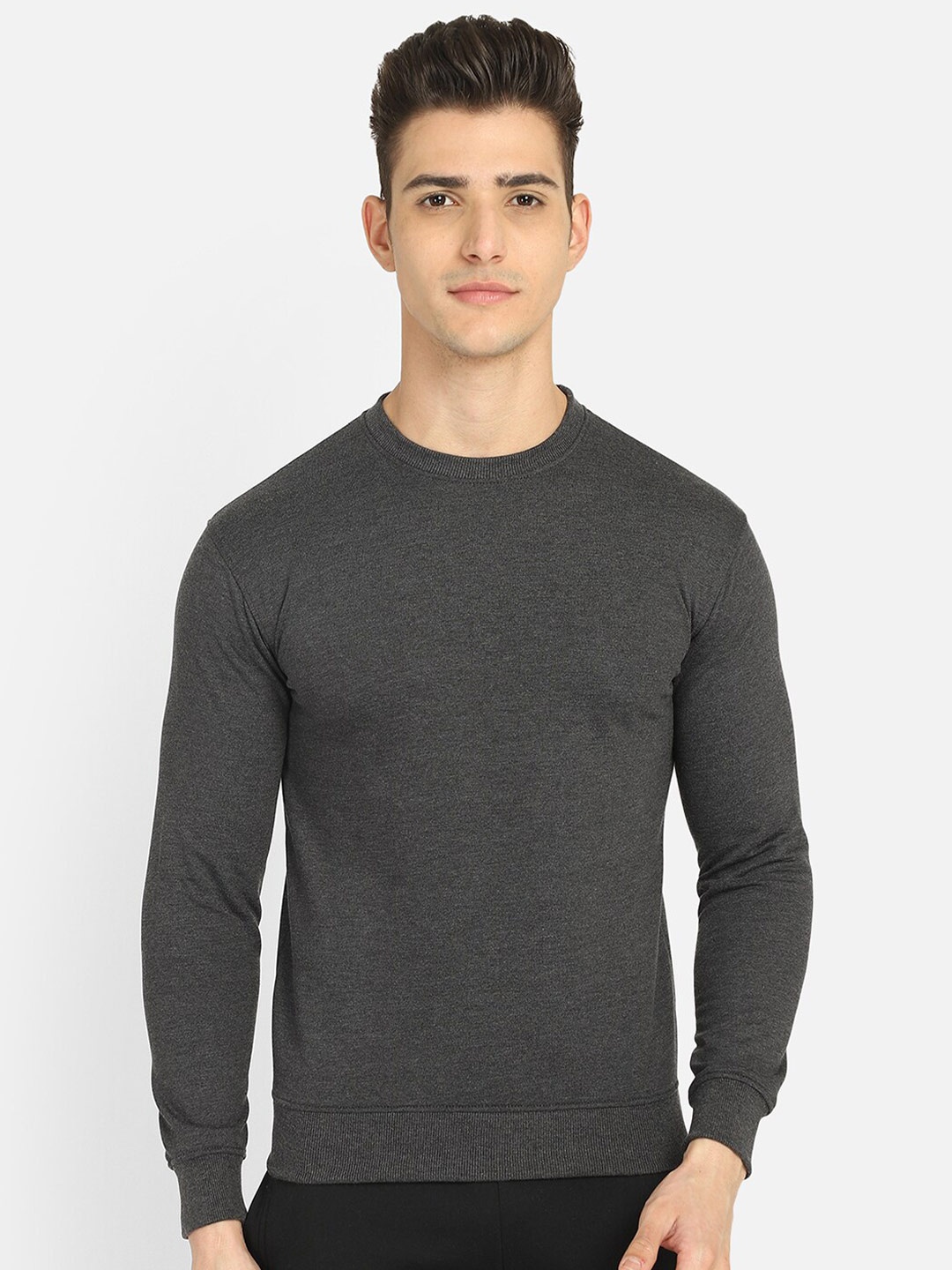 

DYCA Men Charcoal Grey Solid Knitted Sweatshirt