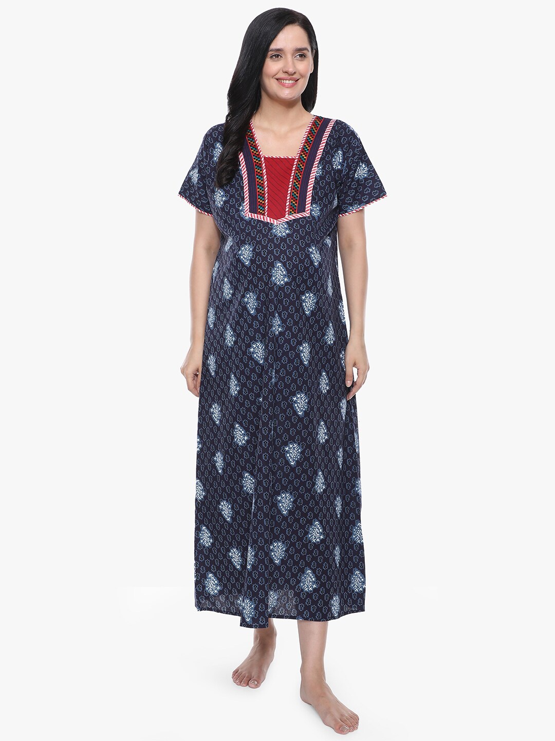

MeeMee Navy Blue Printed Maxi Maternity Nightdress
